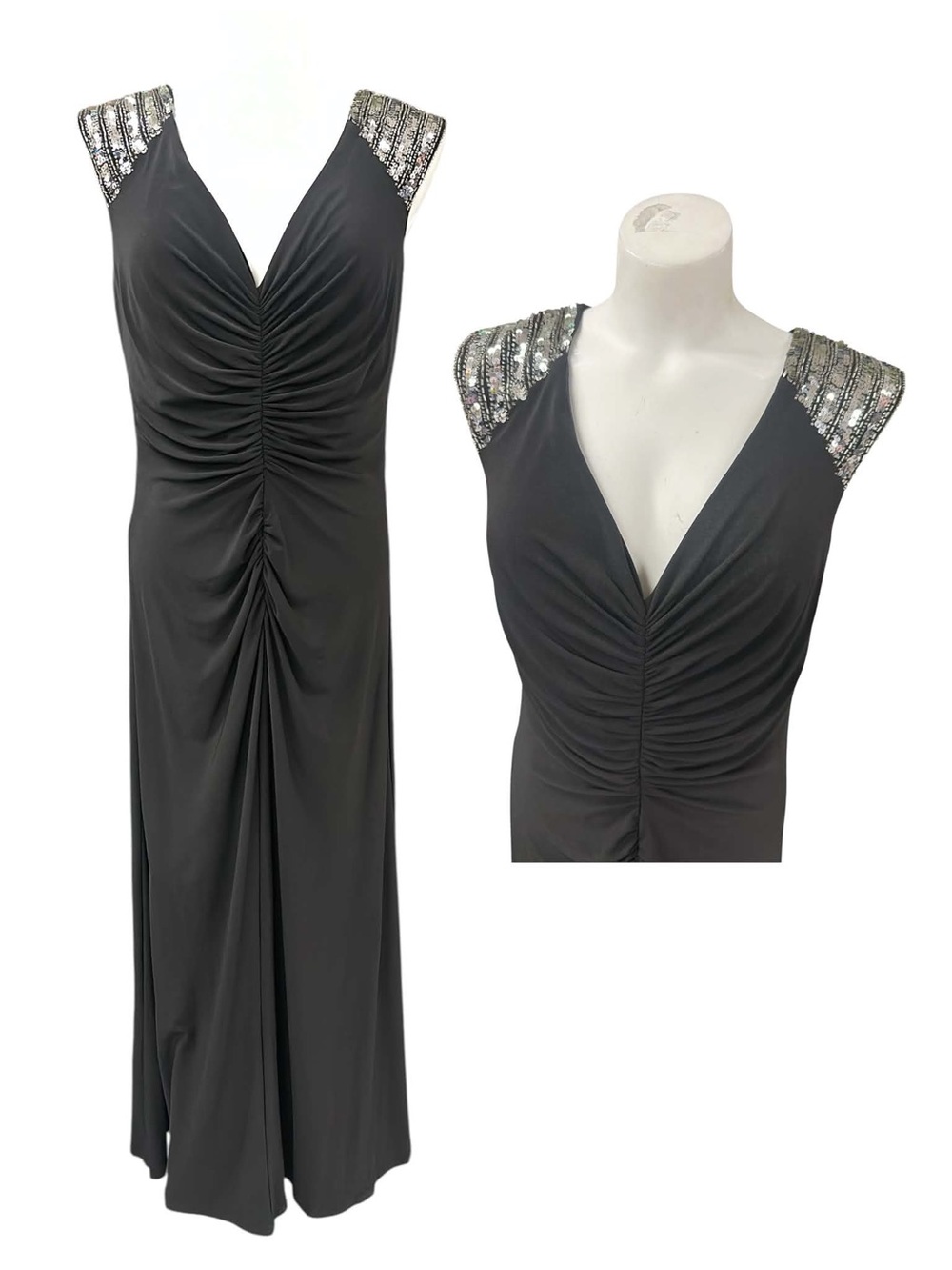 Oleg Cassini Black Ruched V-Neck Gown with Silver Sequin Shoulders Size L
